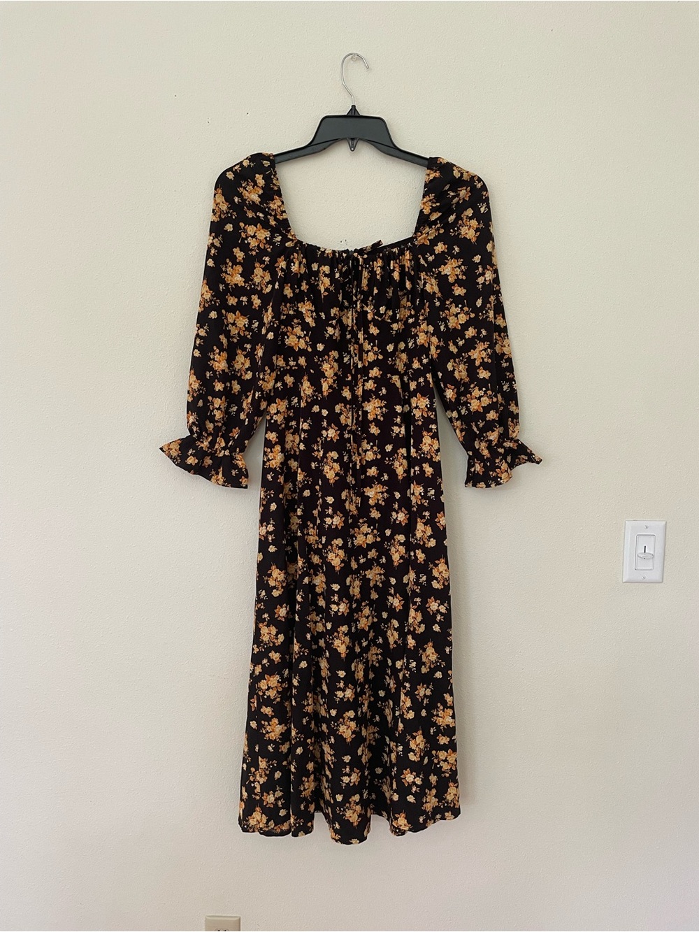 SHEIN Black Floral Square-Neck Long Sleeve Maxi Dress #87